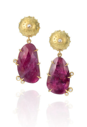 Rose Cut Ruby and Diamond Sea Urchin Earrings in 18K Gold