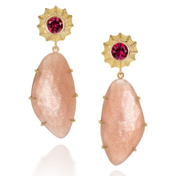 Rhodolite Garnet and Peach Moonstone Earrings in 18K Gold