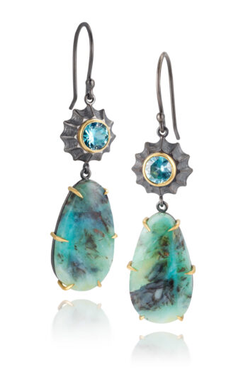 Blue Zircon + Opalized Petrified Wood Barnacle Earrings
