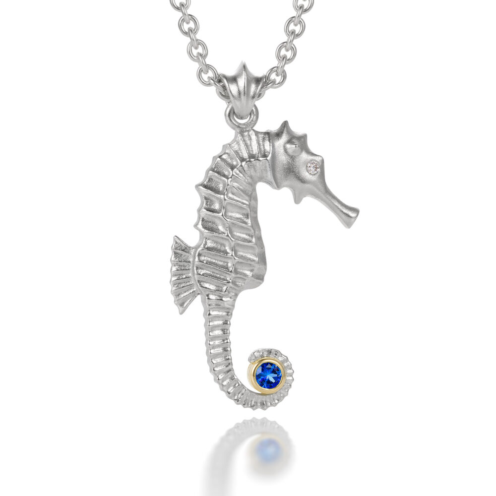 Sapphire + Diamond Baby Seahorse Necklace in Sterling Silver