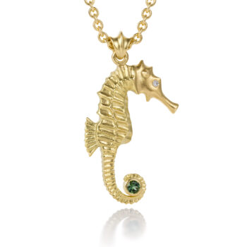 Maine Tourmaline + Diamond Baby Seahorse Necklace in 18K Gold