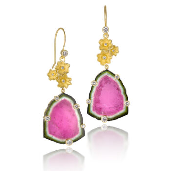 Watermelon Tourmaline + Diamond Sea Flower Earrings in 18K Gold