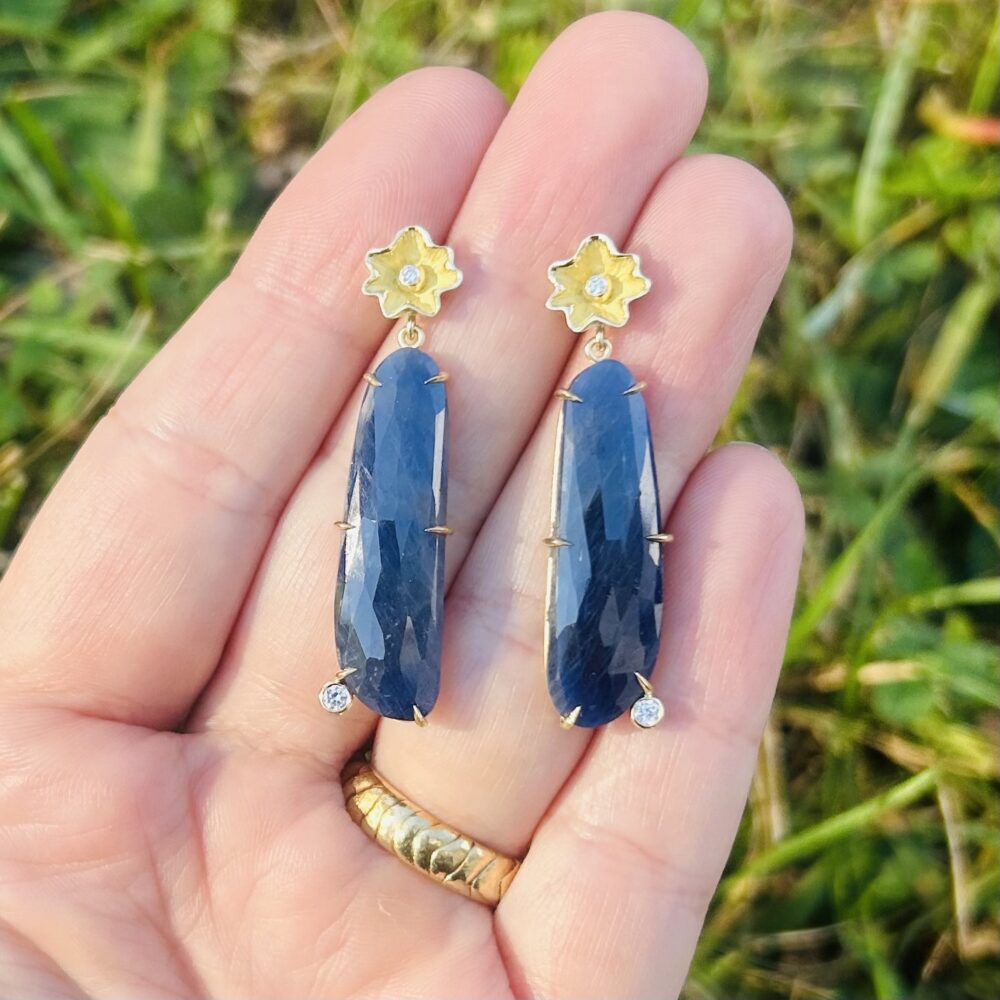 Sapphire + Diamond Sea Flower Studs in 18K Gold