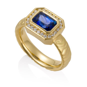 Sapphire + Diamond Halo Wave Ring in 18K Gold
